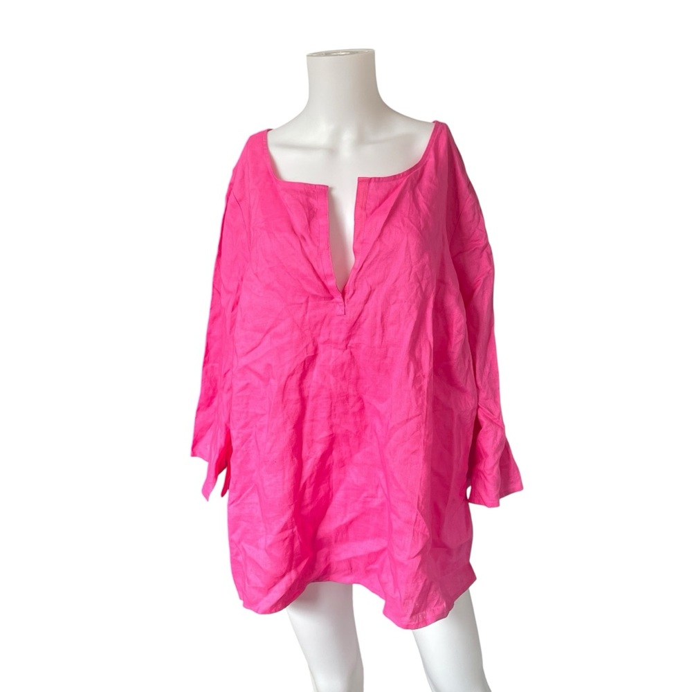 Saint Tropez West Pink Linen Blouse Notch Neck Colorful Womens Plus Size 24W